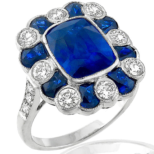 Art Deco Style 3.48ct Cushion Sapphire Diamond Ring in 18 Karat Gold