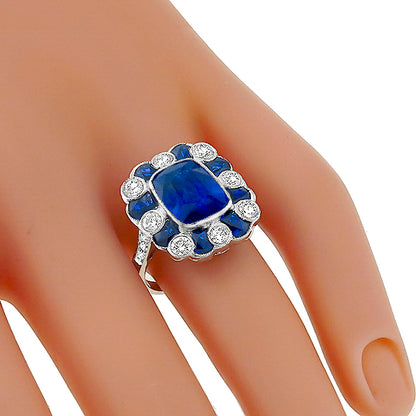 Art Deco Style 3.48ct Cushion Sapphire Diamond Ring in 18 Karat Gold