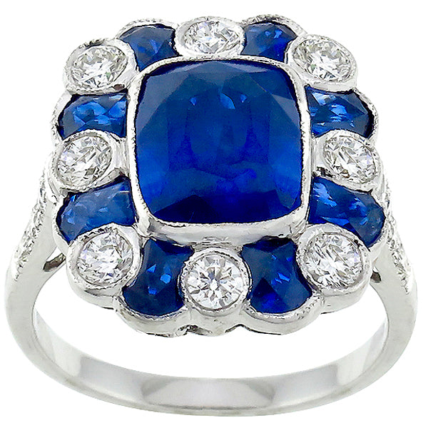 Art Deco Style 3.48ct Cushion Sapphire Diamond Ring in 18 Karat Gold