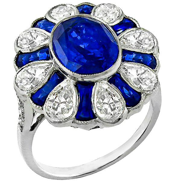 Art Deco Style 3.49ct Oval Sapphire 2.20ct Pear Shape Diamond 18k Gold Ring