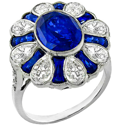 Art Deco Style 3.49ct Oval Sapphire 2.20ct Pear Shape Diamond 18k Gold Ring