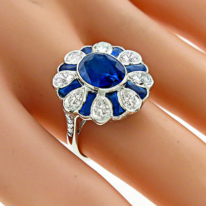 Art Deco Style 3.49ct Oval Sapphire 2.20ct Pear Shape Diamond 18k Gold Ring