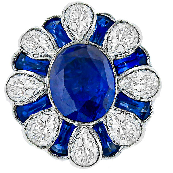 Art Deco Style 3.49ct Oval Sapphire 2.20ct Pear Shape Diamond 18k Gold Ring