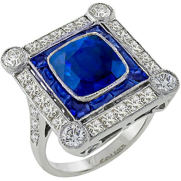 Art Deco Style 3.95ct Cushion Cut Center Sapphire Diamond 18k White Gold Ring