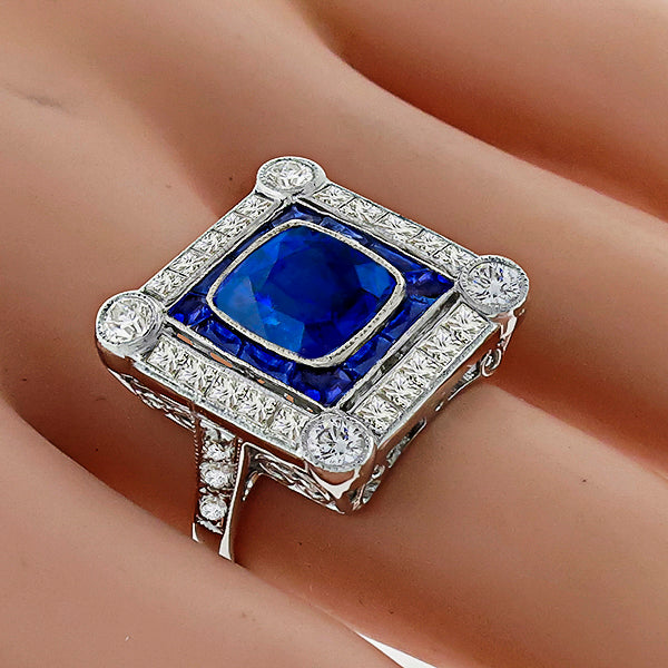 Art Deco Style 3.95ct Cushion Cut Center Sapphire Diamond 18k White Gold Ring
