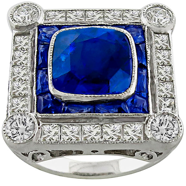 Art Deco Style 3.95ct Cushion Cut Center Sapphire Diamond 18k White Gold Ring