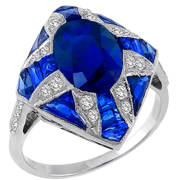Art Deco Style Oval Cut Faceted Sapphire Diamond Ring in 18 karat White Gold