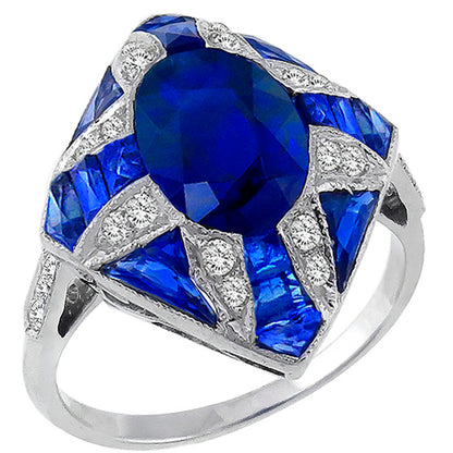 Art Deco Style Oval Cut Faceted Sapphire Diamond Ring in 18 karat White Gold