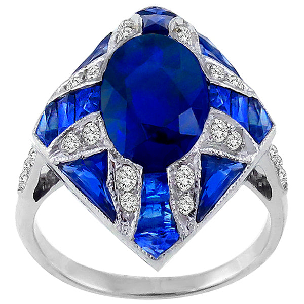 Art Deco Style Oval Cut Faceted Sapphire Diamond Ring in 18 karat White Gold