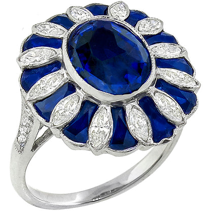 Art Deco Style Oval Sapphire and Diamond 18k White Gold Ring