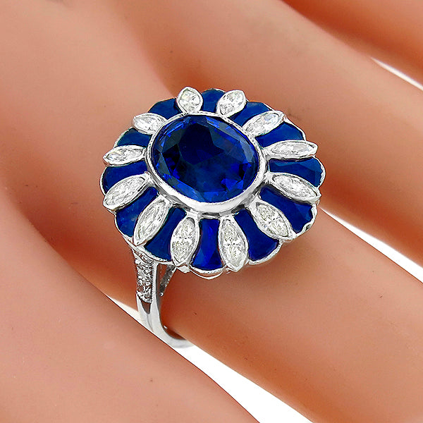 Art Deco Style Oval Sapphire and Diamond 18k White Gold Ring