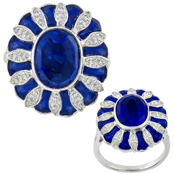 Art Deco Style Oval Sapphire and Diamond 18k White Gold Ring
