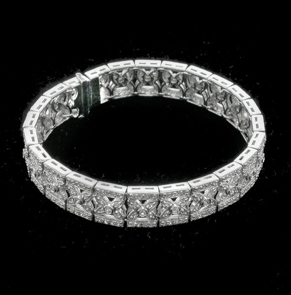 Art Deco Style 5.50ct Diamond 18k White Gold Filigree Floral Bracelet