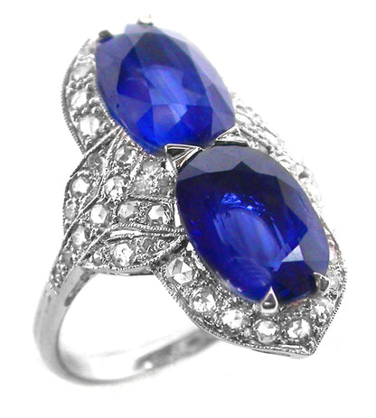 Art Deco Style 5ct Sapphire Diamond 18k Gold  Ring