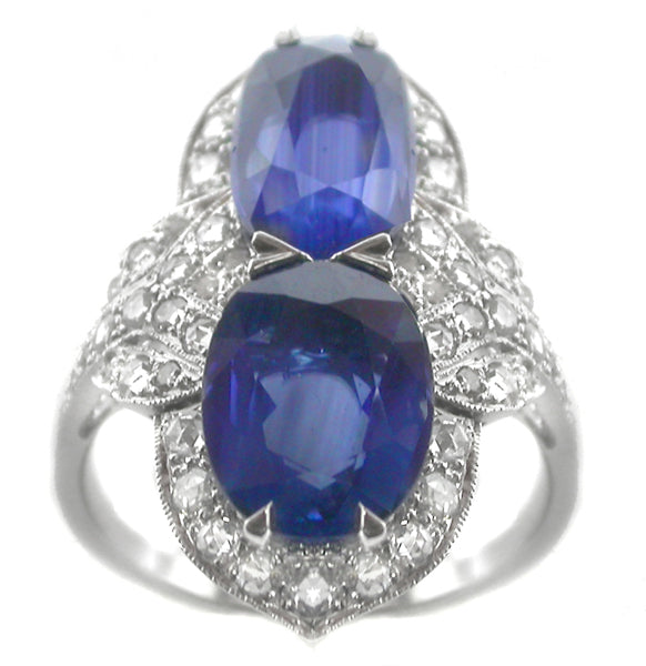 Art Deco Style 5ct Sapphire Diamond 18k Gold  Ring