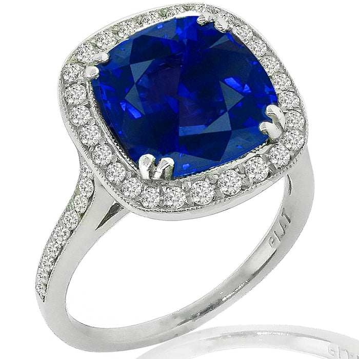 Art Deco Style 6.58ct Cushion Cut Ceylon Sapphire Diamond Platinum Ring