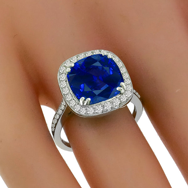 Art Deco Style 6.58ct Cushion Cut Ceylon Sapphire Diamond Platinum Ring