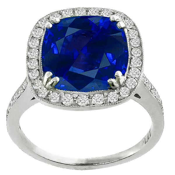 Art Deco Style 6.58ct Cushion Cut Ceylon Sapphire Diamond Platinum Ring