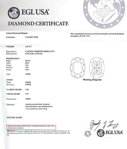 Art Deco EGL Certified 1.01ct Cushion Cut Diamond Platinum Engagement Ring