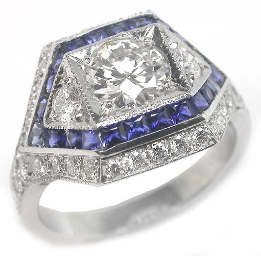 Art Deco Style GIA F VS1 0.69ct Diamond & Sapphire Platinum Engagement Ring
