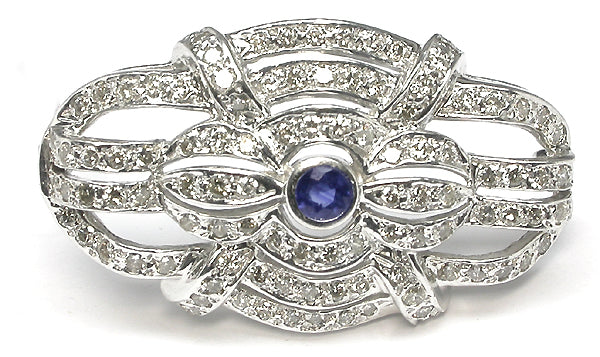 Art Deco Style Sapphire 4.16ct Diamond 14k White Gold Pin