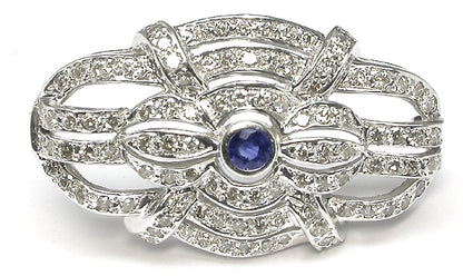 Art Deco Style Sapphire 4.16ct Diamond 14k White Gold Pin