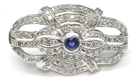 Art Deco Style Sapphire 4.16ct Diamond 14k White Gold Pin