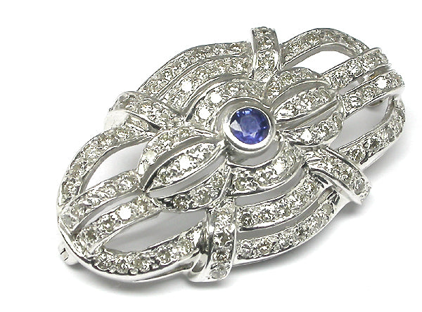 Art Deco Style Sapphire 4.16ct Diamond 14k White Gold Pin