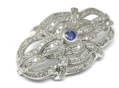 Art Deco Style Sapphire 4.16ct Diamond 14k White Gold Pin