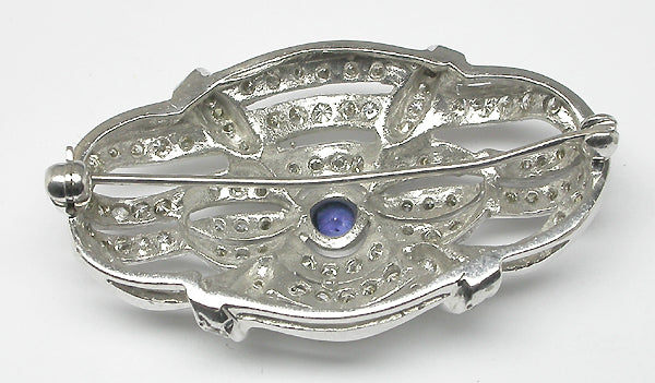 Art Deco Style Sapphire 4.16ct Diamond 14k White Gold Pin