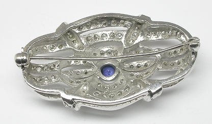 Art Deco Style Sapphire 4.16ct Diamond 14k White Gold Pin