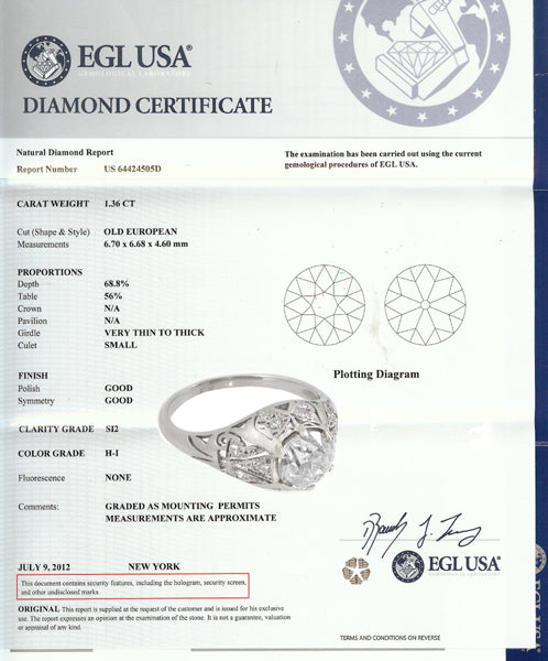 Art Deco1.36ct Old European Diamond Engagement Ring