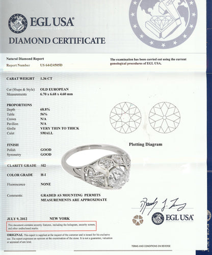 Art Deco1.36ct Old European Diamond Engagement Ring