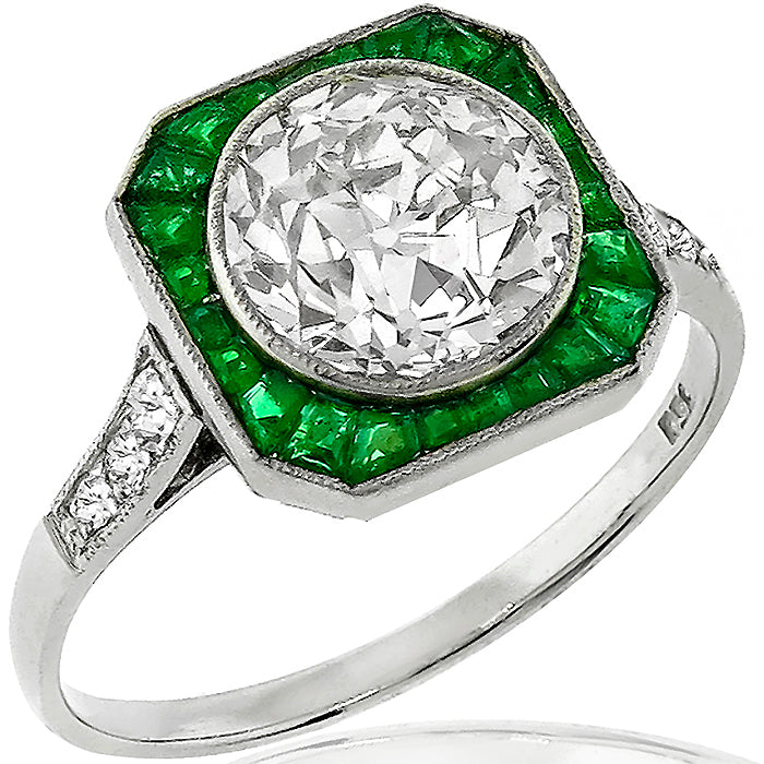 Art Deco Inspired 2.28ct Diamond Emerald Gold Ring