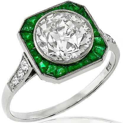 Art Deco Inspired 2.28ct Diamond Emerald Gold Ring