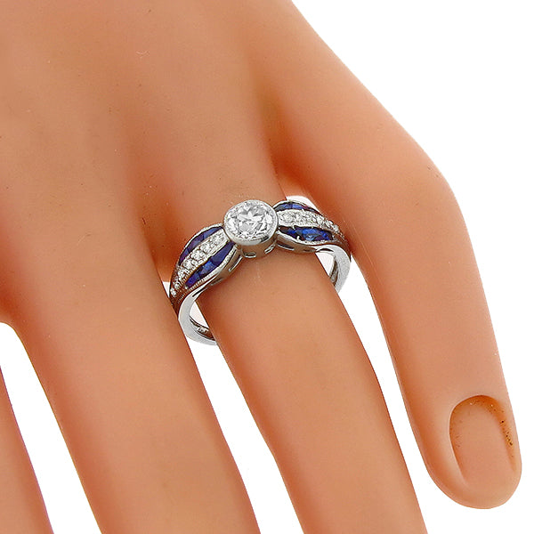 Art Deco Inspired GIA 0.62ct Diamond Sapphire Engagement Ring