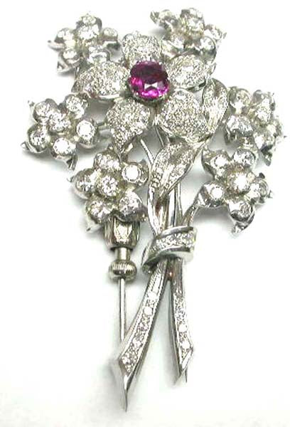 BOUQUET DESIGN PLATINUM DIAMOND RUBY PIN