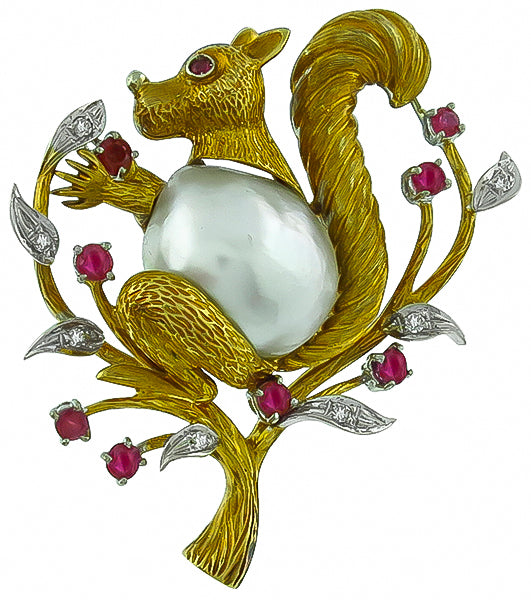 Baroque Pearl 0.75ct Ruby Diamond Squirrel Pin
