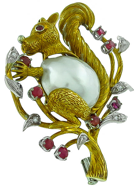 Baroque Pearl 0.75ct Ruby Diamond Squirrel Pin