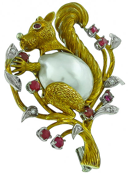 Baroque Pearl 0.75ct Ruby Diamond Squirrel Pin