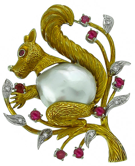Baroque Pearl 0.75ct Ruby Diamond Squirrel Pin