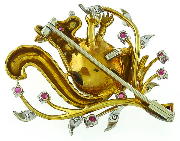 Baroque Pearl 0.75ct Ruby Diamond Squirrel Pin
