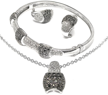 Black &  White Diamond 18k White Gold Bangle, Necklace Earrings Set
