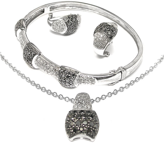 Black &  White Diamond 18k White Gold Bangle, Necklace Earrings Set