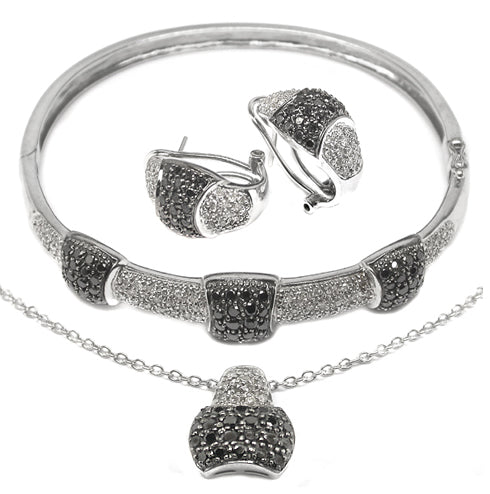 Black &  White Diamond 18k White Gold Bangle, Necklace Earrings Set