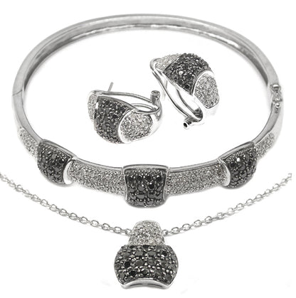 Black &  White Diamond 18k White Gold Bangle, Necklace Earrings Set