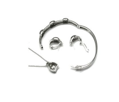 Black &  White Diamond 18k White Gold Bangle, Necklace Earrings Set