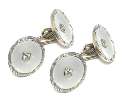 Boucheron Paris Victorian 18k White  Gold  Mother of Pearl Diamond  Cufflinks