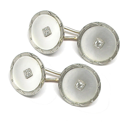 Boucheron Paris Victorian 18k White  Gold  Mother of Pearl Diamond  Cufflinks
