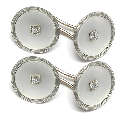 Boucheron Paris Victorian 18k White  Gold  Mother of Pearl Diamond  Cufflinks
